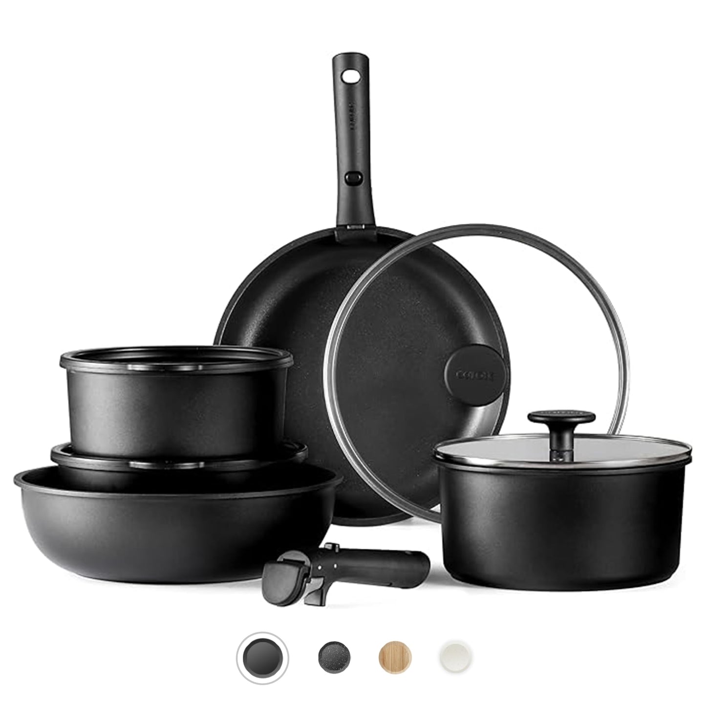 CAROTE Pots and Pans Set Non Stick, Cookware Sets, 11pcs Kitchen Set, Oven/Fridge Safe, Space Saving Pots Set, Nonstick Set with Versatile Removable/Detachable Handle, Induction RV Set, Cream White