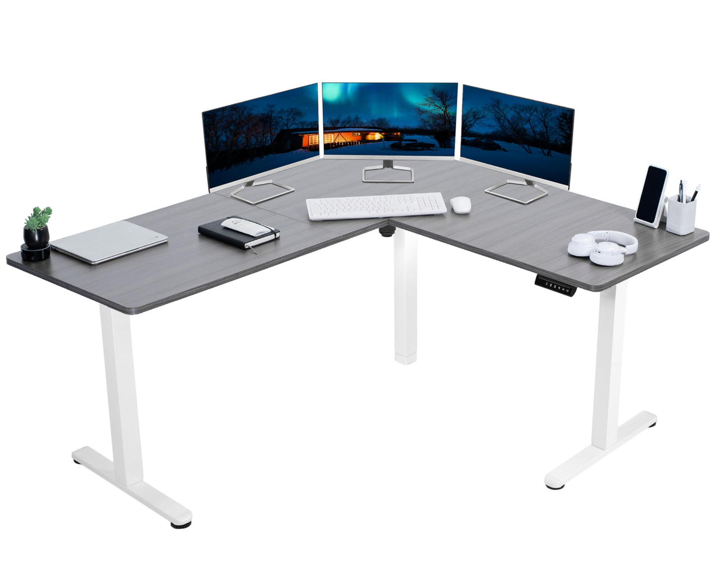 VIVO Electric Corner L-Shaped 63 x 55 inch Standing Desk, Height Adjustable, Memory Controller, White Top White Frame, DESK-E3CTW