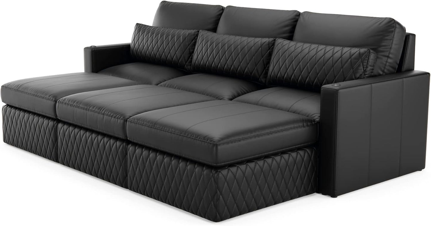 Seatcraft Diamante Sofa w/Three Ottomans, Living Room, Italian Leather, Down Feather Lining, Strong Engineered Reinforced Wood Frame, Black