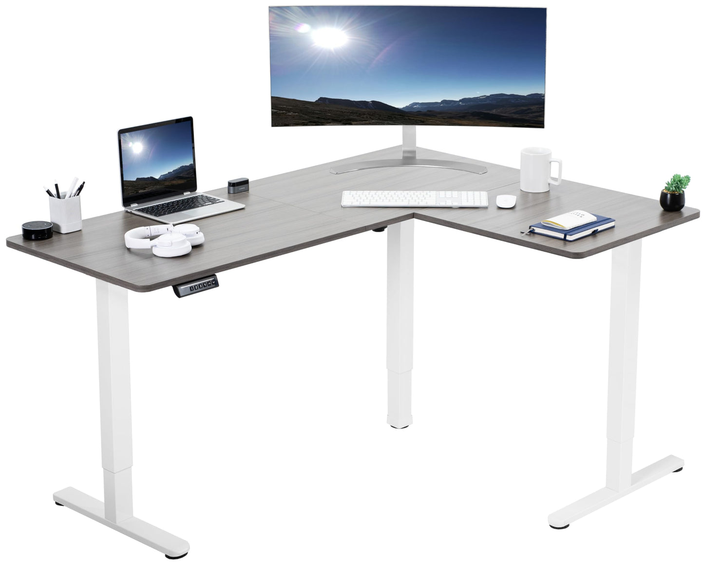 VIVO Electric Corner L-Shaped 63 x 55 inch Standing Desk, Height Adjustable, Memory Controller, White Top White Frame, DESK-E3CTW