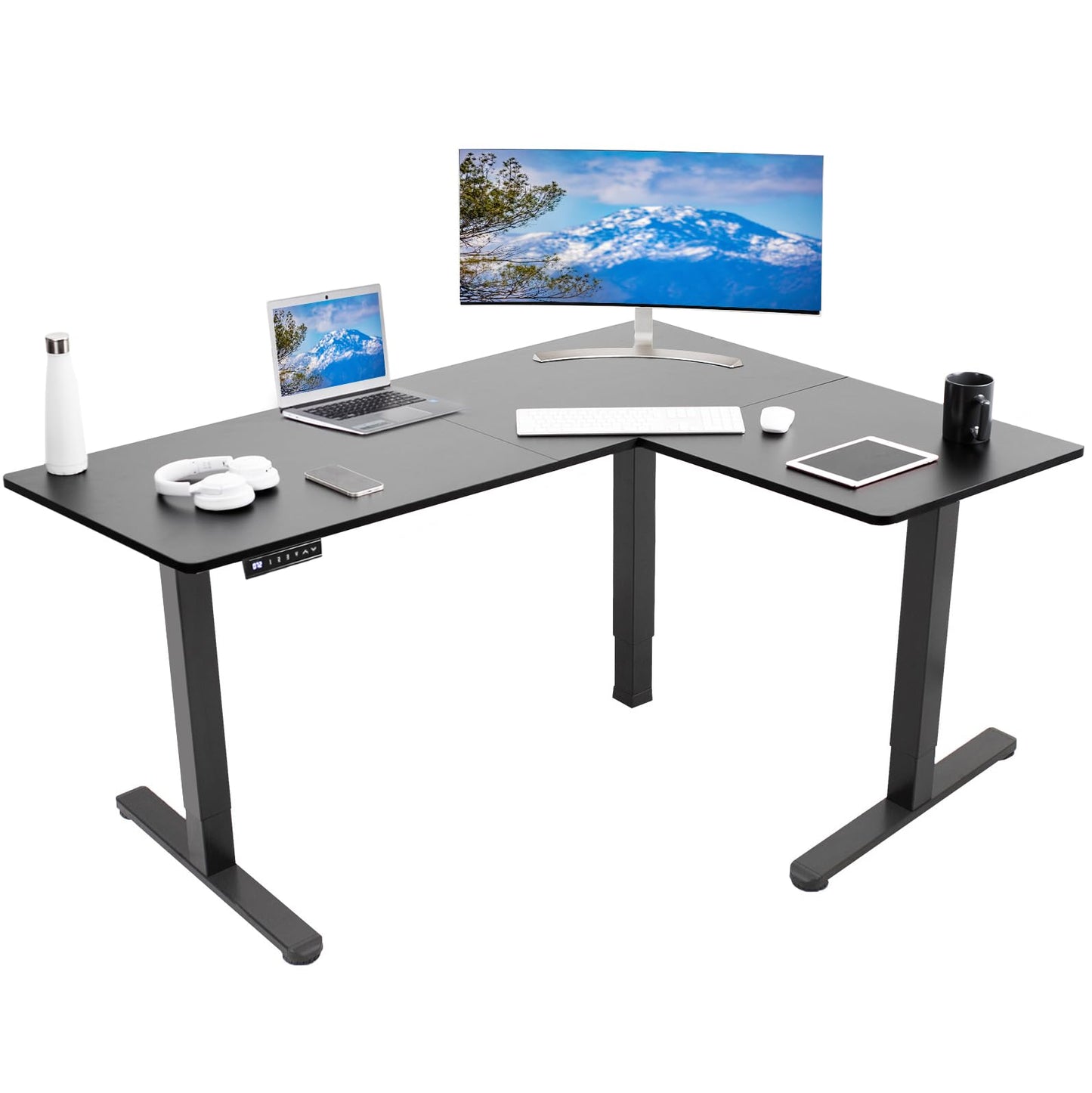 VIVO Electric Corner L-Shaped 63 x 55 inch Standing Desk, Height Adjustable, Memory Controller, White Top White Frame, DESK-E3CTW