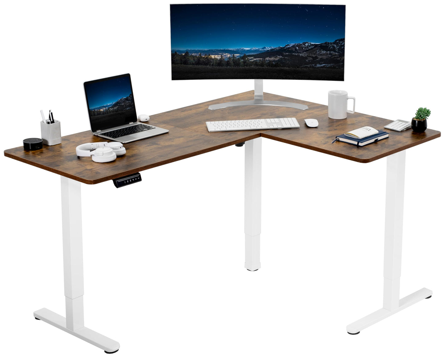 VIVO Electric Corner L-Shaped 63 x 55 inch Standing Desk, Height Adjustable, Memory Controller, White Top White Frame, DESK-E3CTW