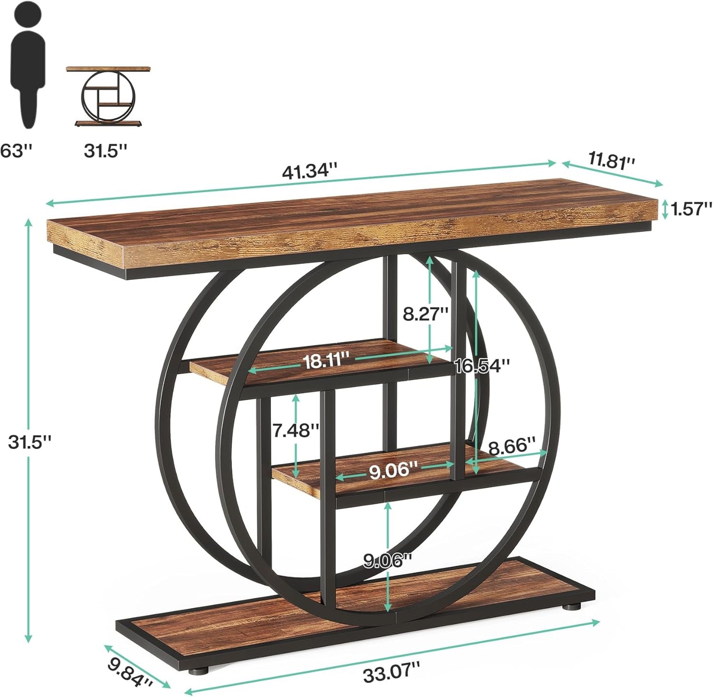 Tribesigns 41.3" Console Table, Industrial 4-Tier Sofa Table Entryway Table with Circle Base, Narrow Wood Accent Tables with Storage Shelves for Living Room, Hallway, Foyer, Rustic Brown