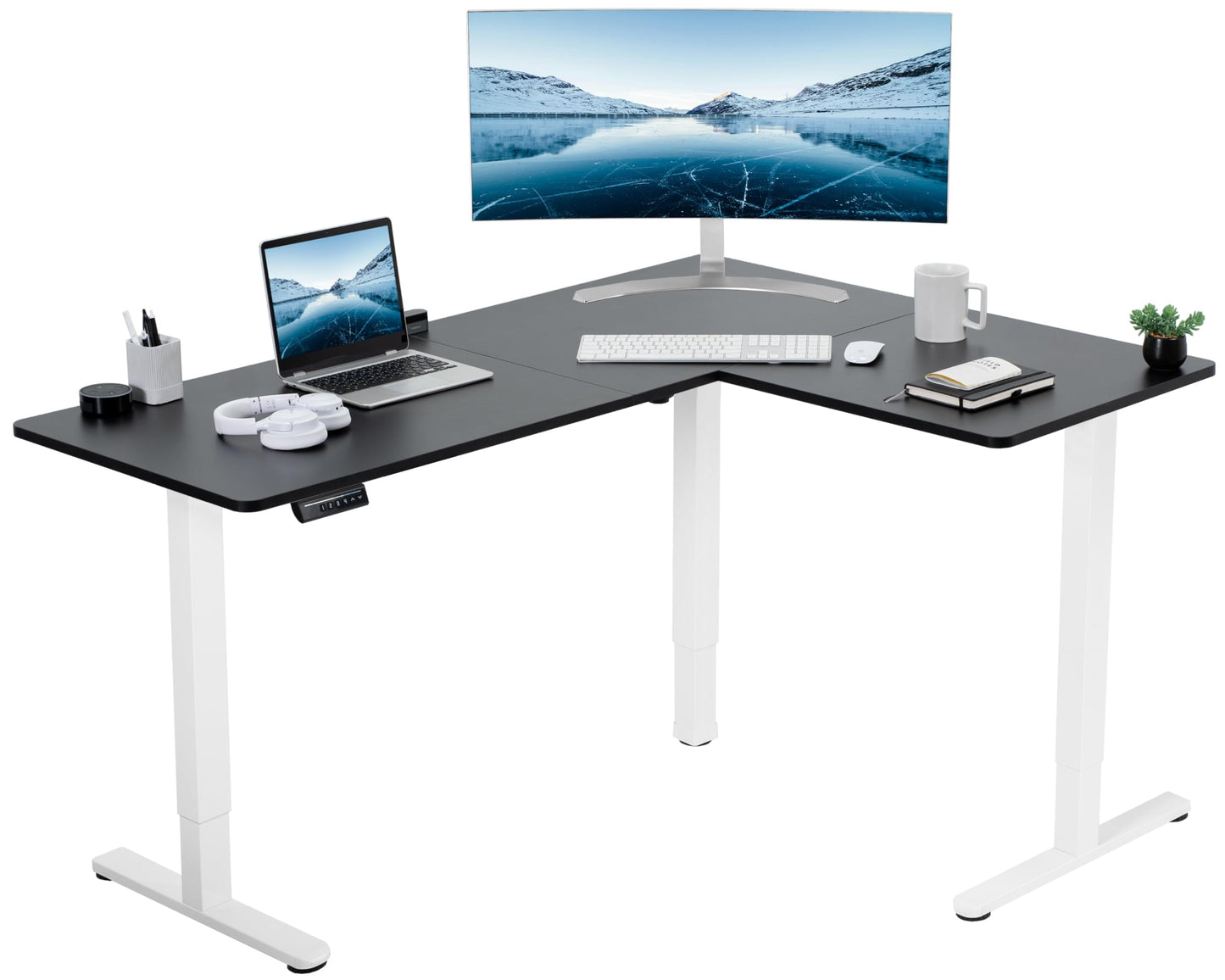 VIVO Electric Corner L-Shaped 63 x 55 inch Standing Desk, Height Adjustable, Memory Controller, White Top White Frame, DESK-E3CTW