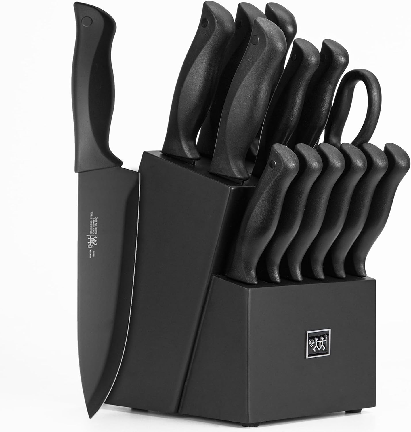 Knife Sets for Kitchen with Block, HUNTER.DUAL 15 Pcs Kitchen Knife Set with Block Self Sharpening, Dishwasher Safe, Anti-slip Handle, Black