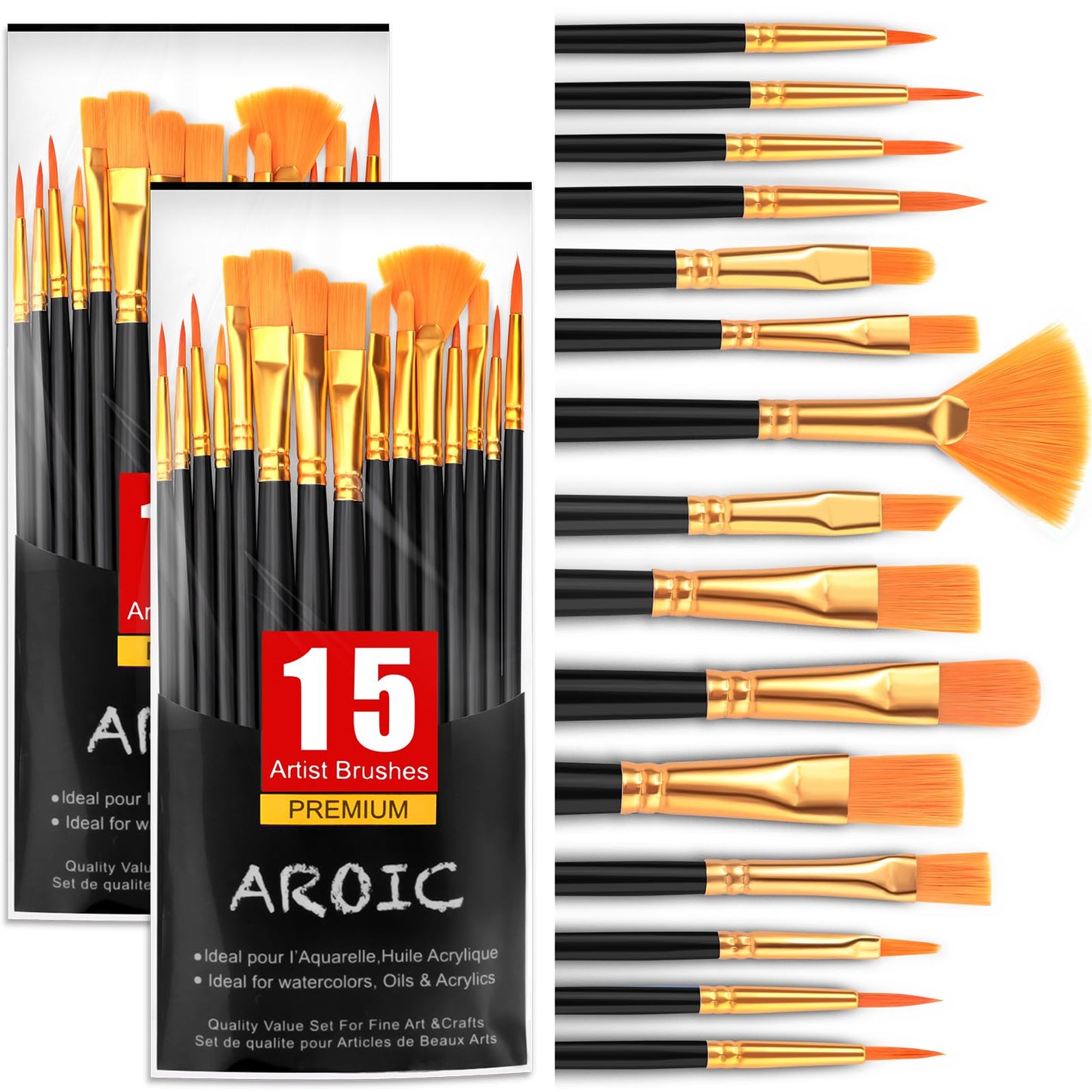 AROIC Acrylic Paint Brush Set,16pack/240pcs Nylon Hair Oil Watercolor Rock Face Painting Artist Paint Brushes, 15 Sizes Paint Brush Set for All Purposes Kids Adult Arts Paint Brush Supplies.