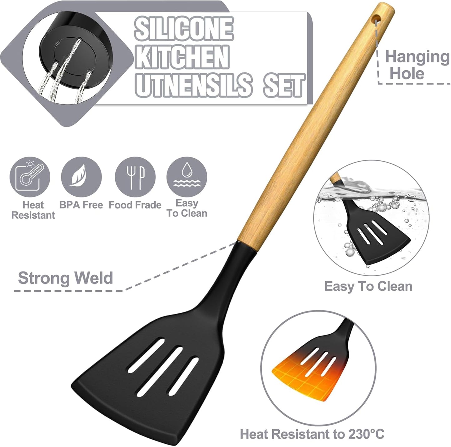 Kitchen Utensils Set- 34PCS Silicone Cooking Utensils with Holder, Umite Chef Heat Resistant Kitchen Utensil Spatula Set for Nonstick Cookware, Black Wooden Handles Kitchen Gadgets Tools Set