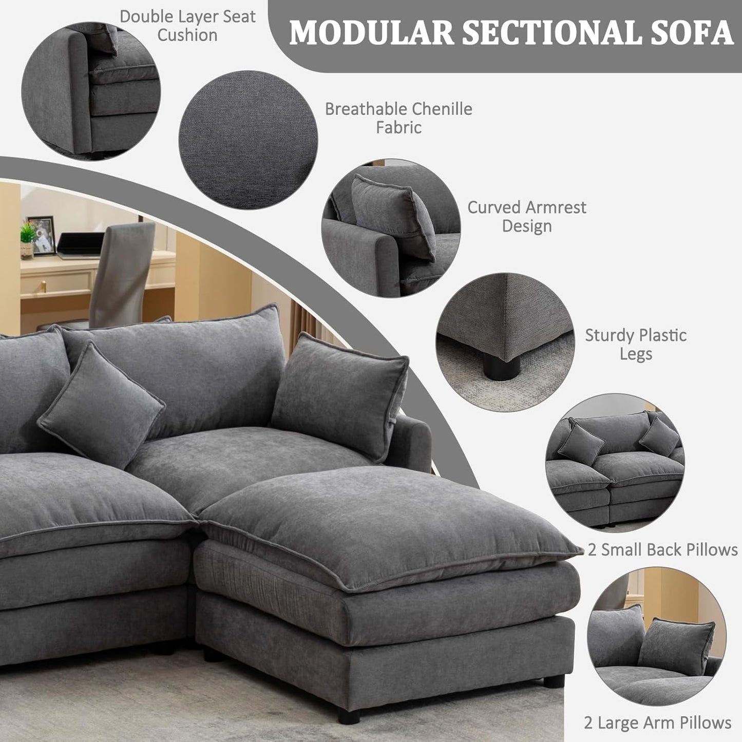 L-Shaped Modular Sectional Sofa, Deep 3-Seat Sofas with Moveable Ottoman, Comfy Modular Couch with Chenille Covers, Small Sofa Furniture for Living Room, Apartment, Studio, Office, Gray