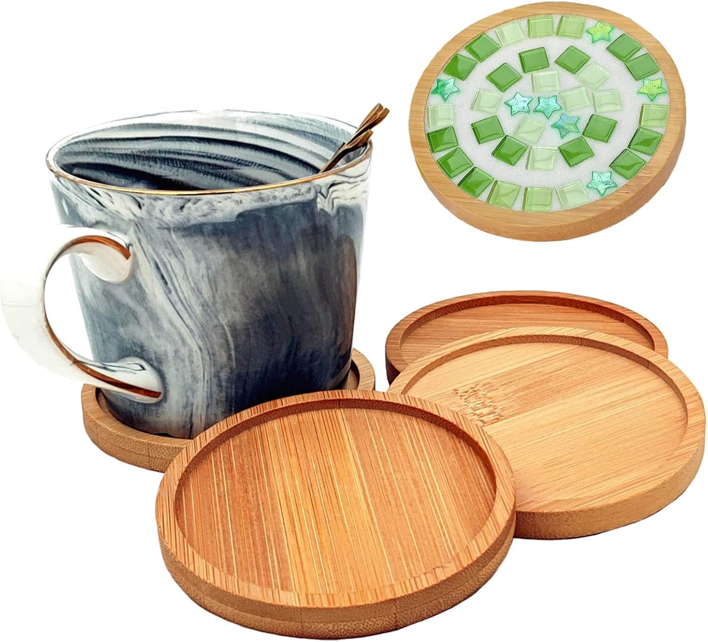 4PCS Mosaic Bamboo Coasters for Crafts, Blank Base Trays, Drinking Cup Coaster, Plant Coaster, Art Plate,DIY Mosaic Supplies (Round)