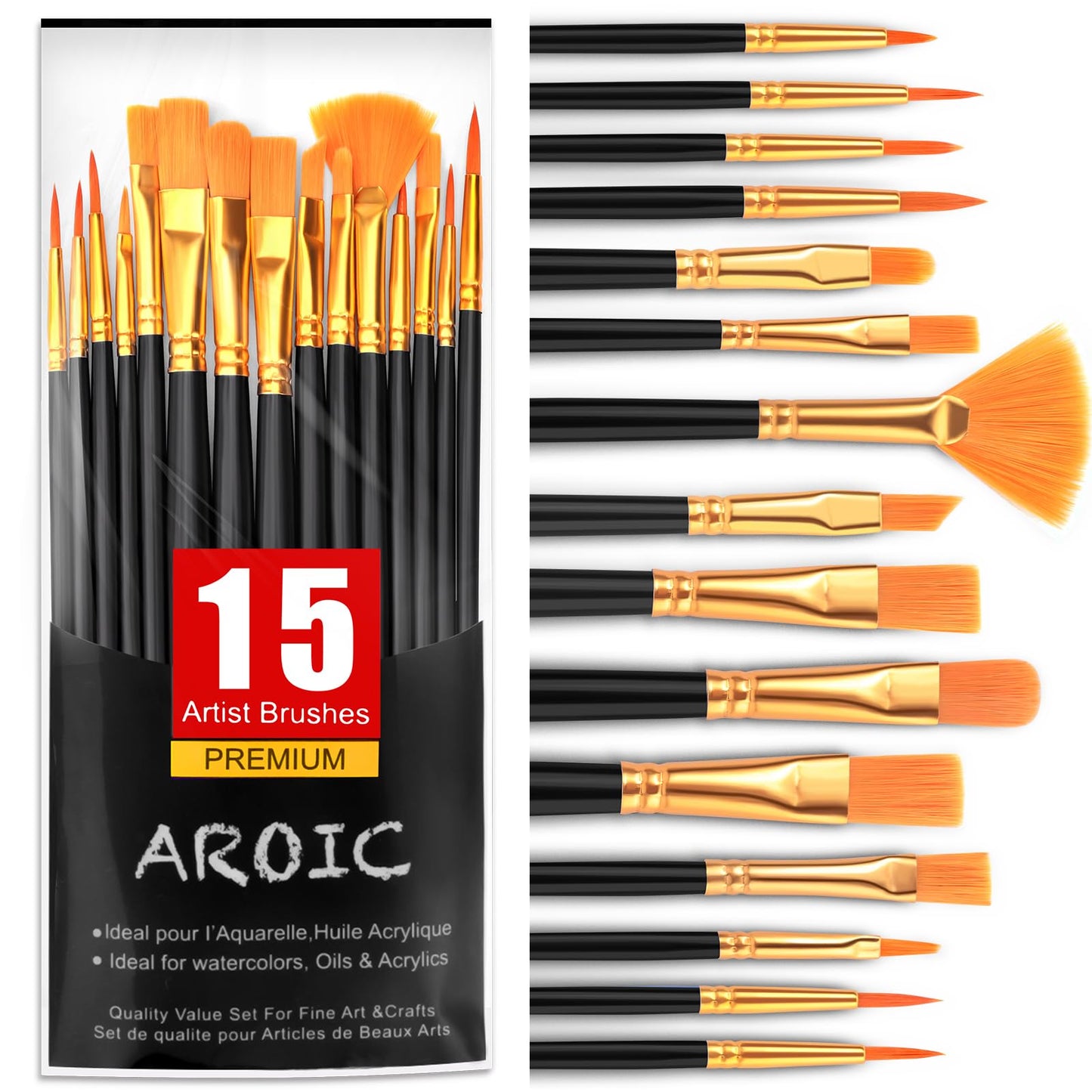 AROIC Acrylic Paint Brush Set,16pack/240pcs Nylon Hair Oil Watercolor Rock Face Painting Artist Paint Brushes, 15 Sizes Paint Brush Set for All Purposes Kids Adult Arts Paint Brush Supplies.