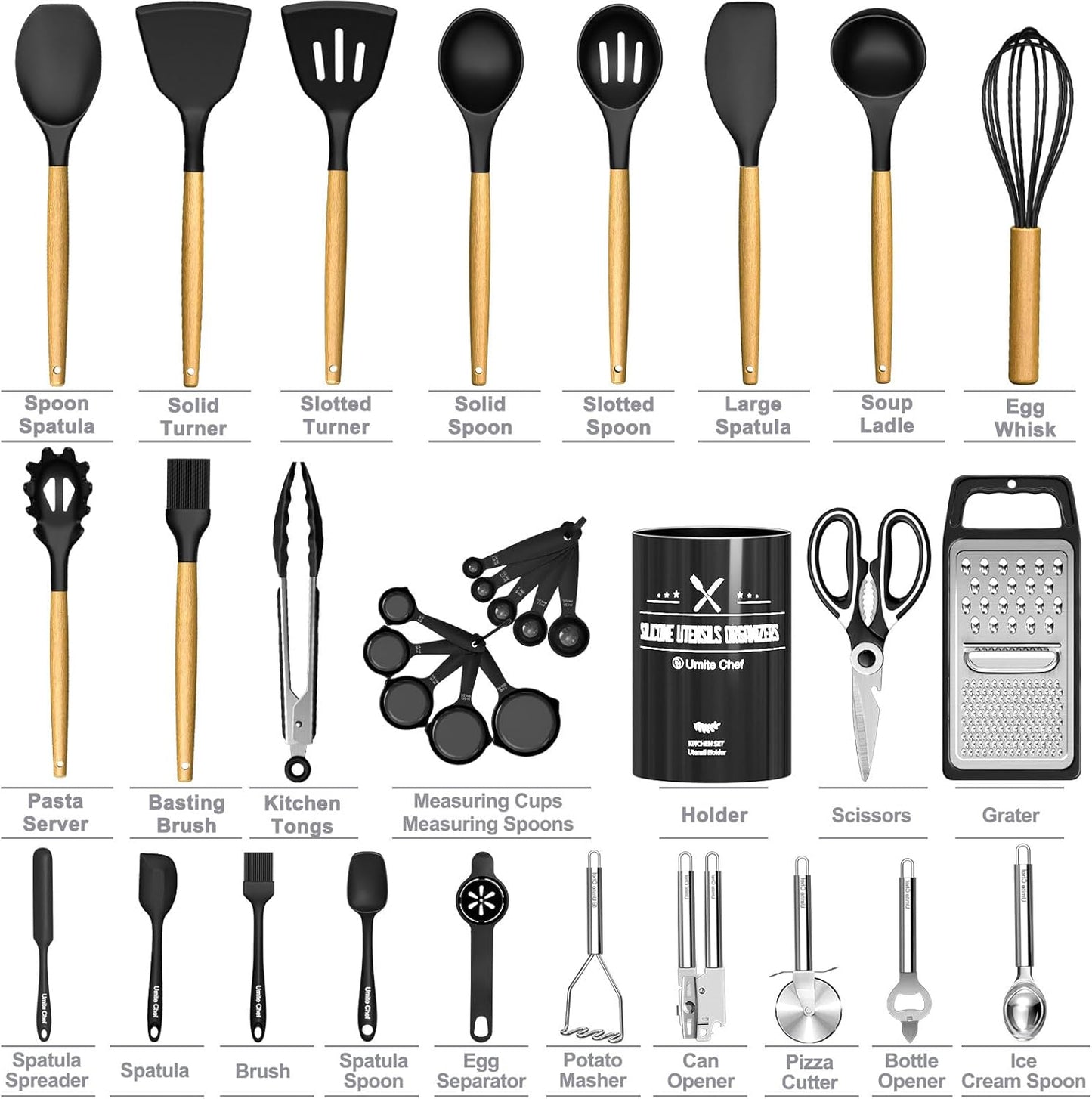 Kitchen Utensils Set- 34PCS Silicone Cooking Utensils with Holder, Umite Chef Heat Resistant Kitchen Utensil Spatula Set for Nonstick Cookware, Black Wooden Handles Kitchen Gadgets Tools Set