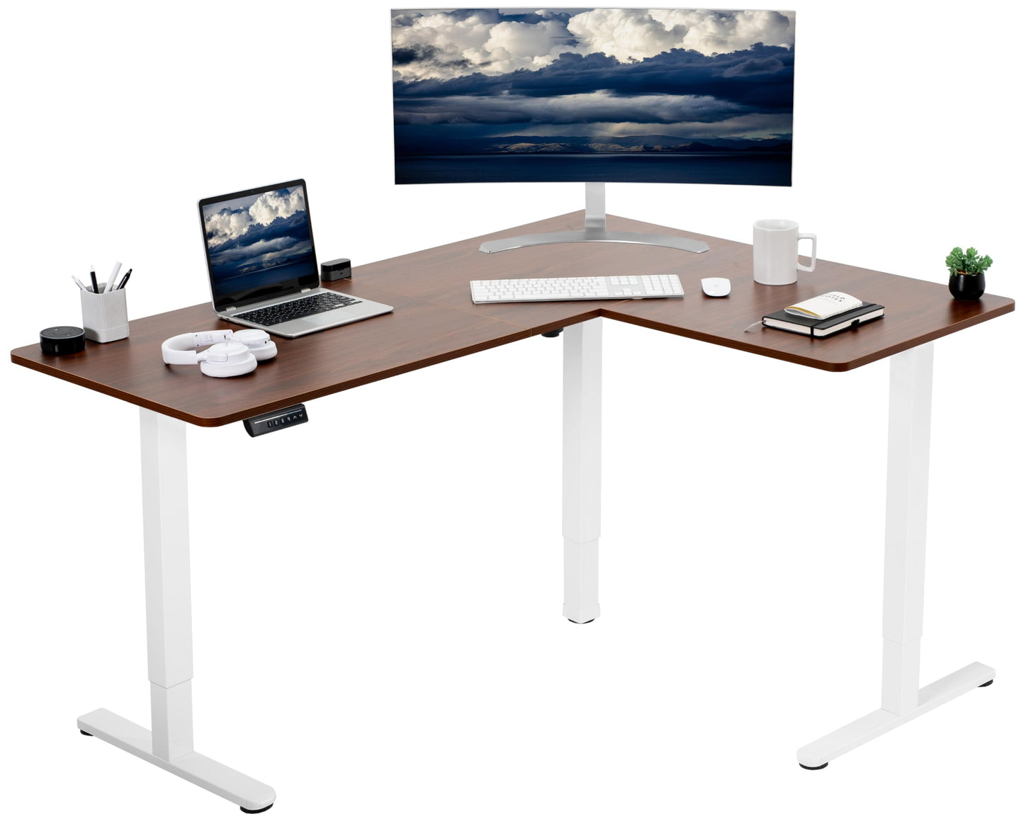 VIVO Electric Corner L-Shaped 63 x 55 inch Standing Desk, Height Adjustable, Memory Controller, White Top White Frame, DESK-E3CTW