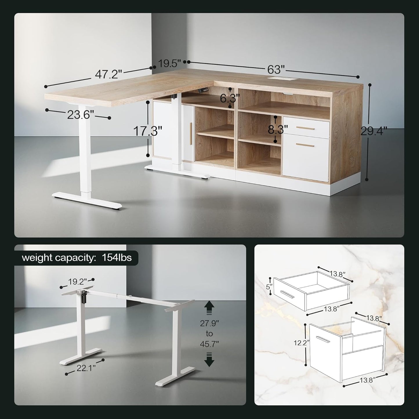 Furniture Sets 67" L Shaped Standing Desk, a Book Shelf with Drawers, and a Wood Lateral File Cabinet for Home Office, Light Walnut