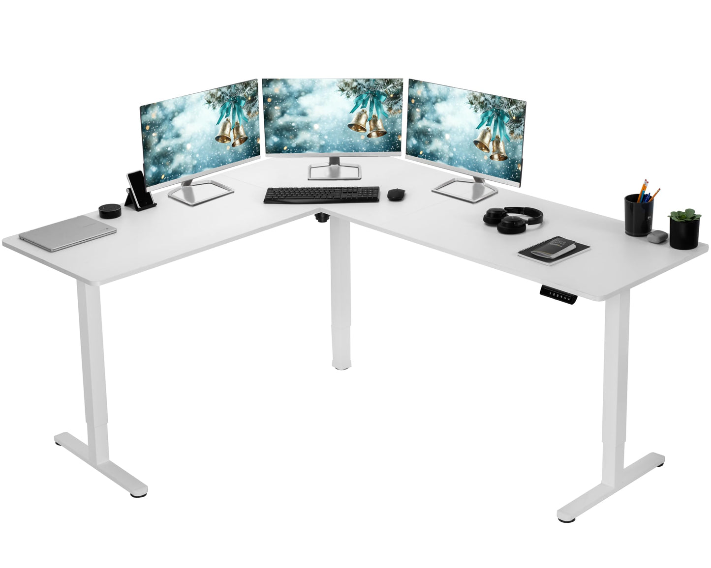 VIVO Electric Corner L-Shaped 63 x 55 inch Standing Desk, Height Adjustable, Memory Controller, White Top White Frame, DESK-E3CTW