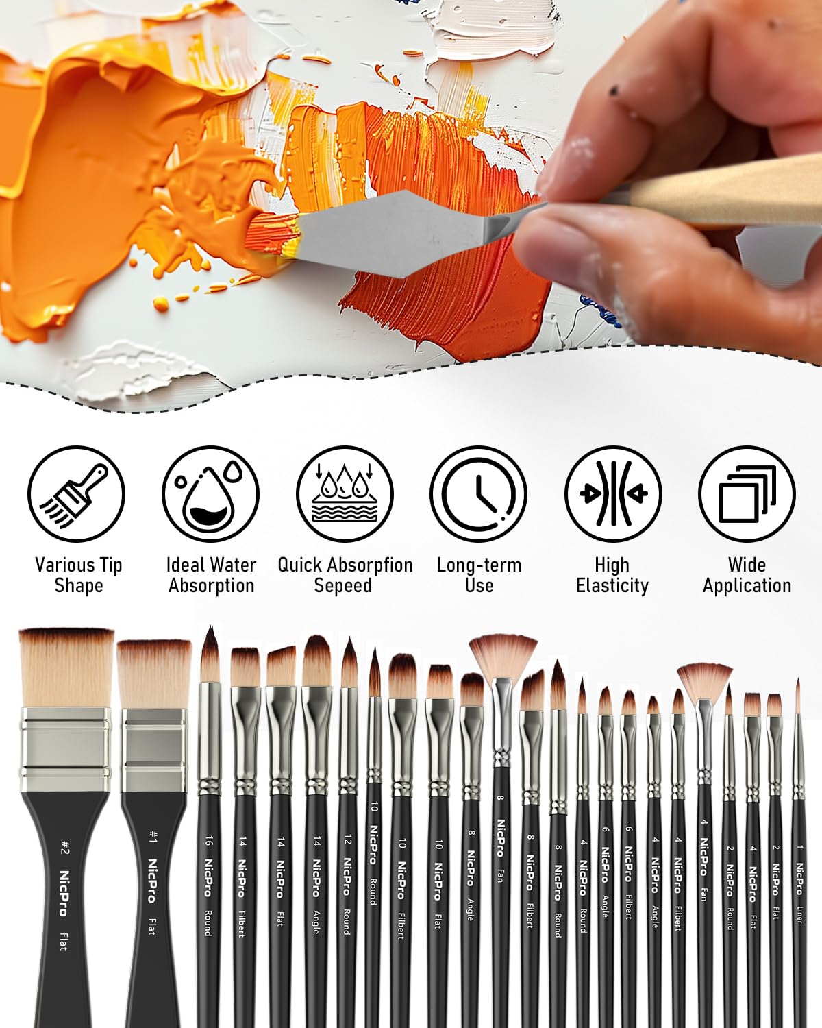 Nicpro 26pcs Paint Brush Set, Professional Paintbrushes with Palette Knife, Craft Paint Brushes for Acrylic Painting, Oil, Watercolor, Gouache & Canvas, Drawing & Art Supplies for Adults, Kids Artists