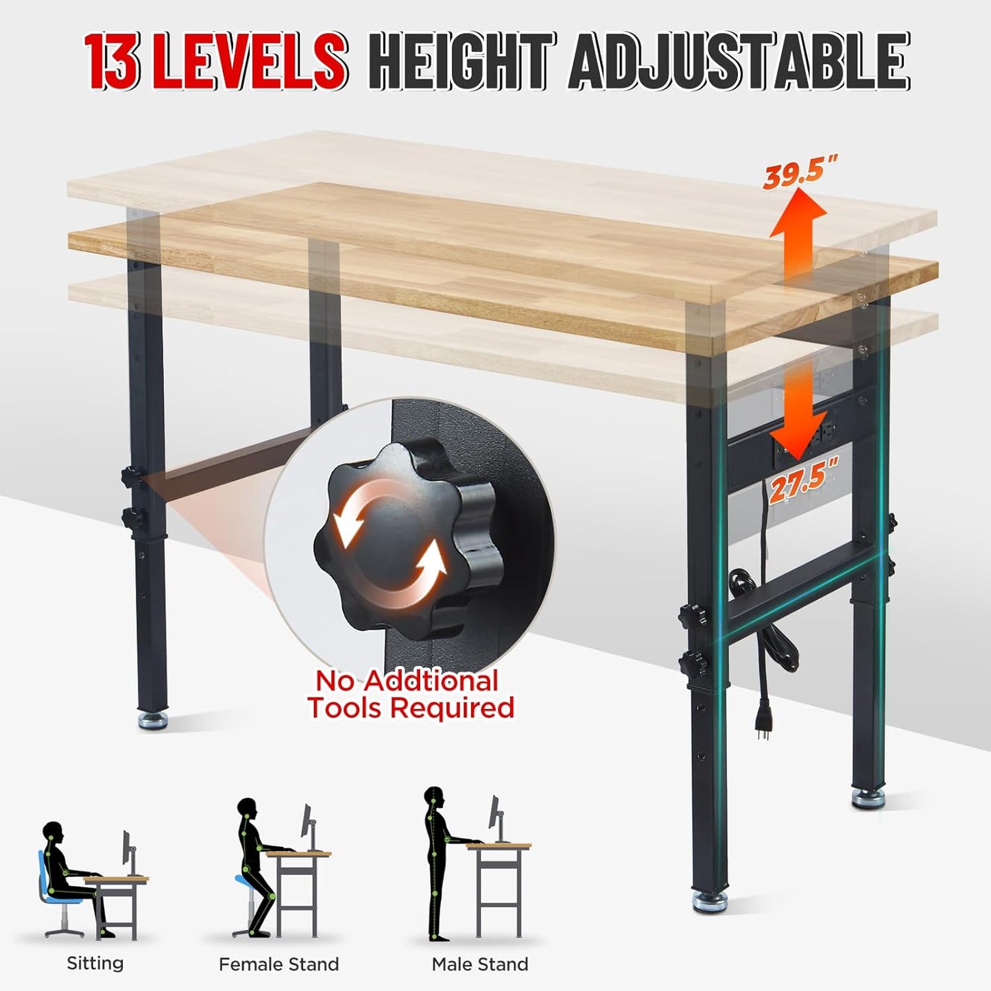 48" Adjustable Work Bench Garage Workbench with Power Outlets, 2200 Lbs Capacity Hardwood Top Work Bench Table Heavy-Duty Workbench for Garage, Workshop, Office, Home