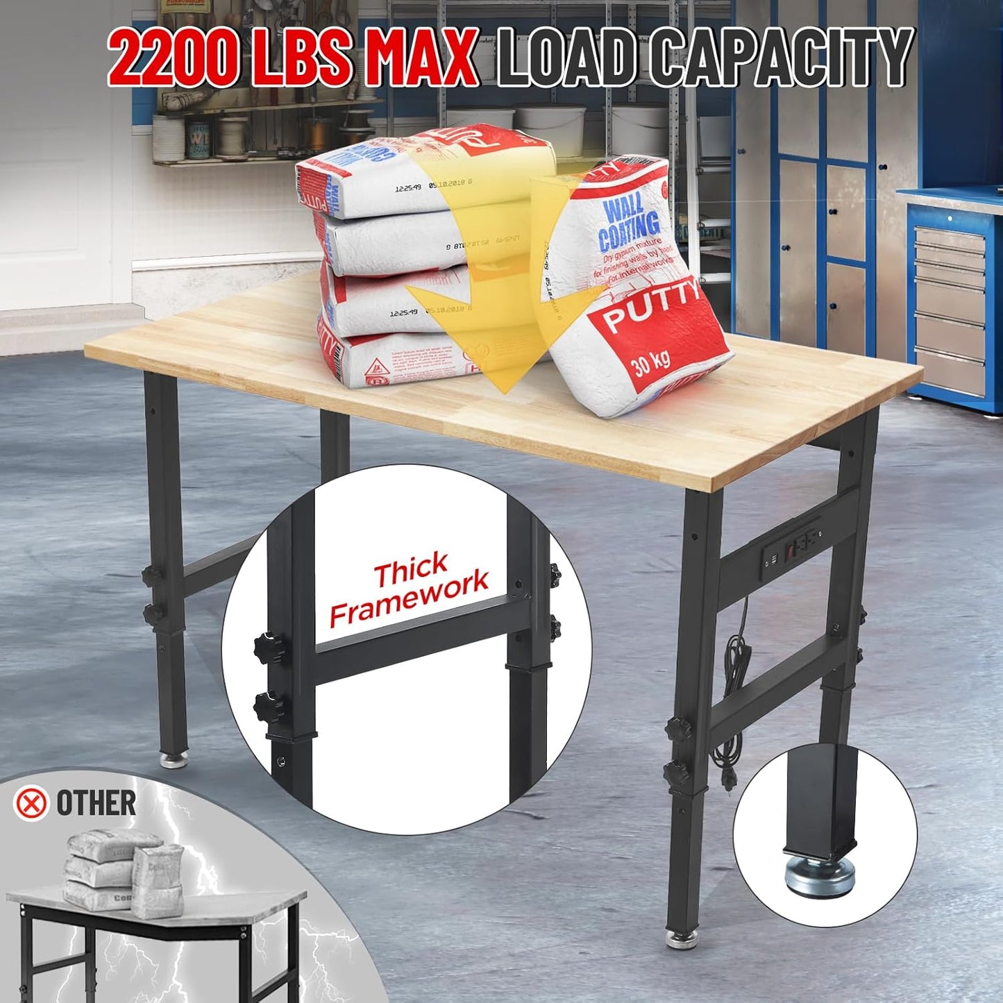 48" Adjustable Work Bench Garage Workbench with Power Outlets, 2200 Lbs Capacity Hardwood Top Work Bench Table Heavy-Duty Workbench for Garage, Workshop, Office, Home