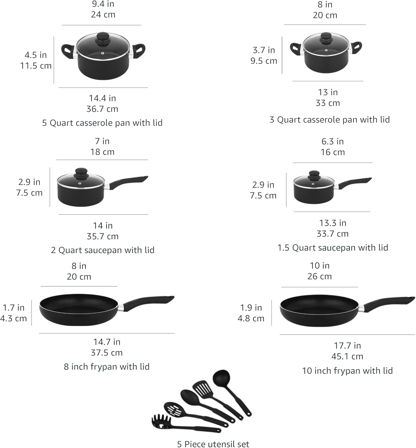 Amazon Basics Non Stick 15-Piece Kitchen Cookware Set, Includes Pots, Pans, and Utensils, Black