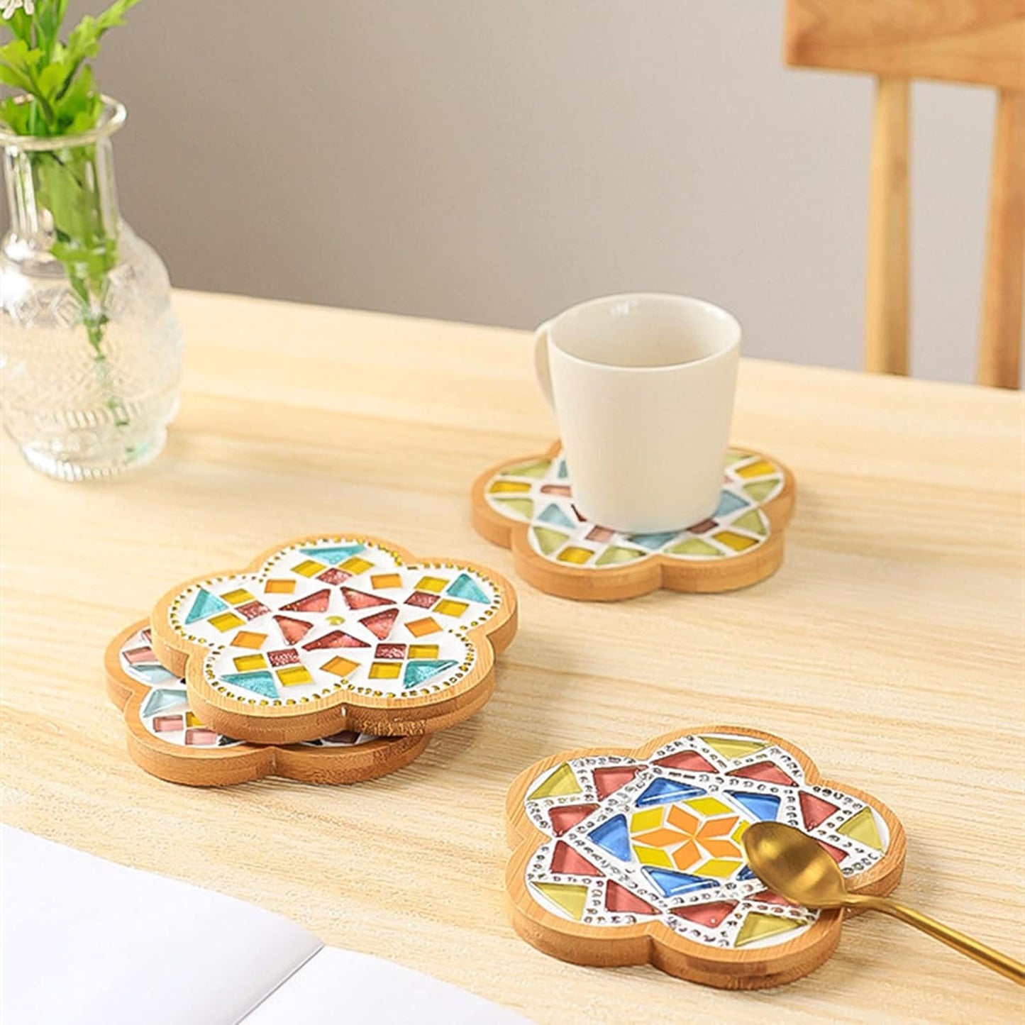 4PCS Mosaic Bamboo Coasters for Crafts, Blank Base Trays, Drinking Cup Coaster, Plant Coaster, Art Plate,DIY Mosaic Supplies (Round)