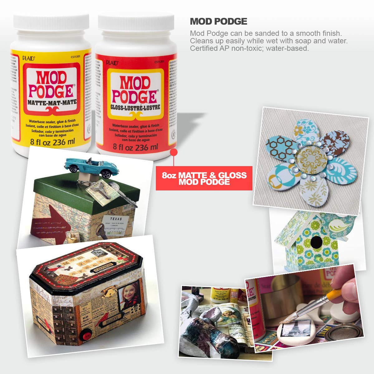 Mod Podge Bundle, 8 Ounce Gloss and Matte Medium Waterproof Sealer, Pixiss Accessory Kit with Foam Brushes, Gloves, Glue Spreaders and More 8oz