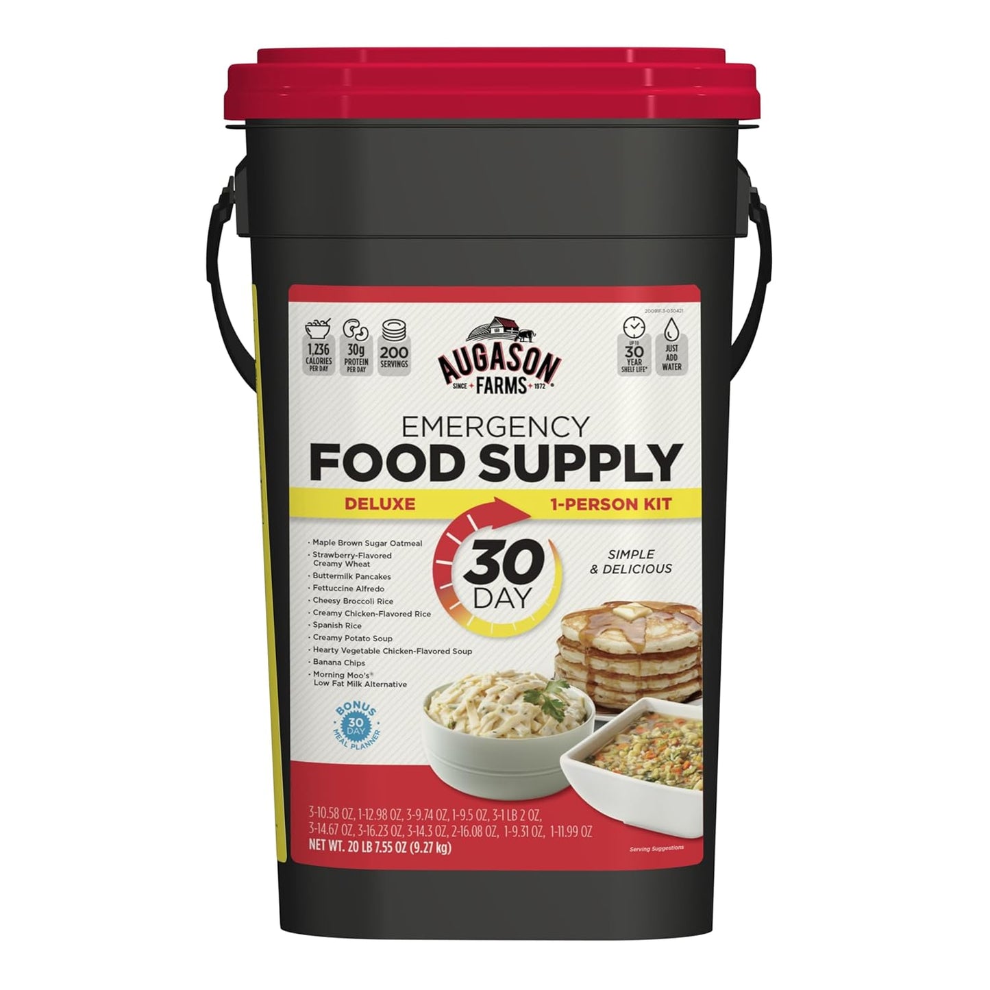 Augason Farms 30-Day 1-Person Standard Emergency Food Supply Kit, Survival Food, Just Add Water, 200 Servings