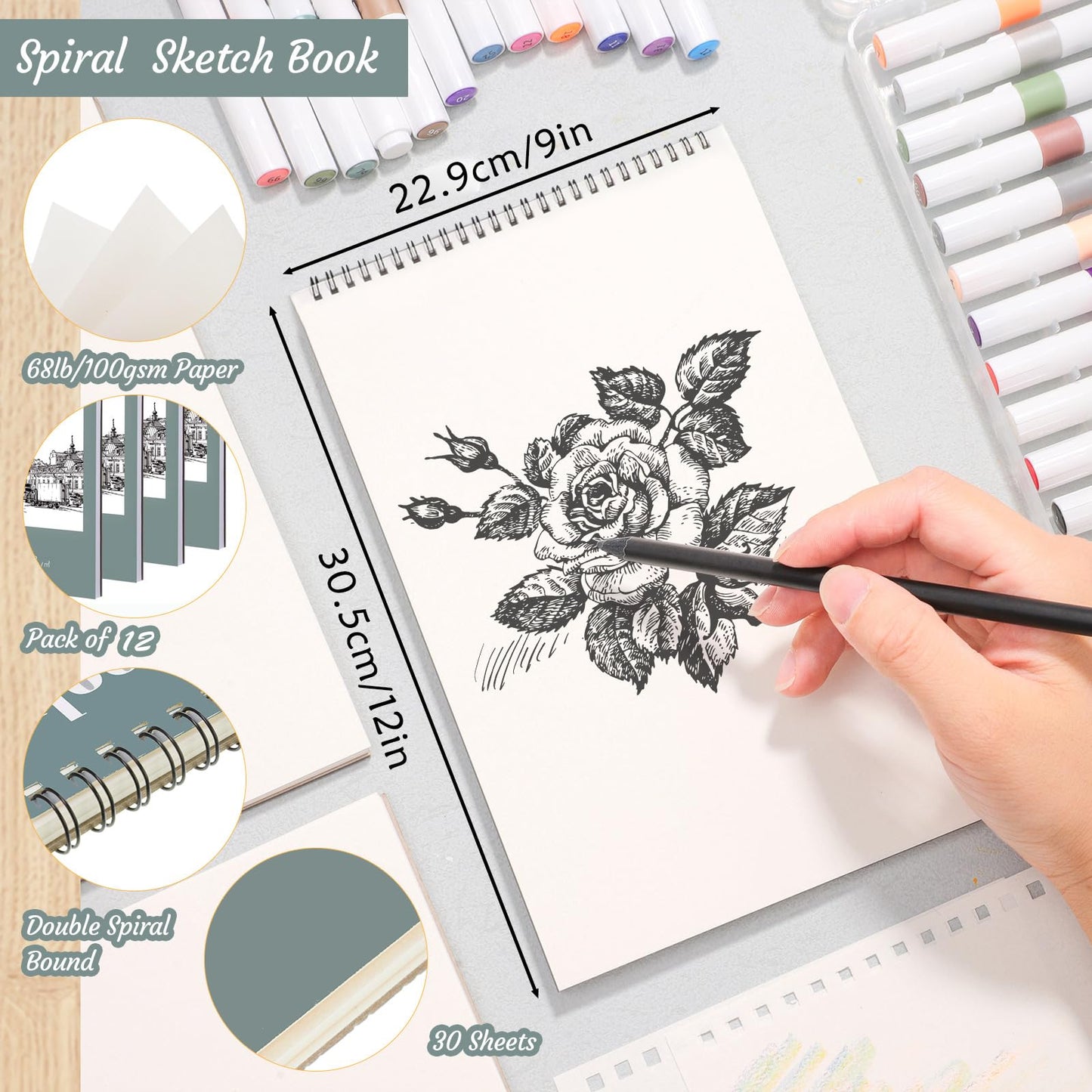 4 Pack Sketch Book, 9 x 12 Inch Sketchbook, 68lb/100gsm Top Spiral Bound Sketch Pad, Acid Free Art Supplies Drawing Painting Sketching Paper for Kids, Adults, Beginners, Artists (30 Sheets Each)