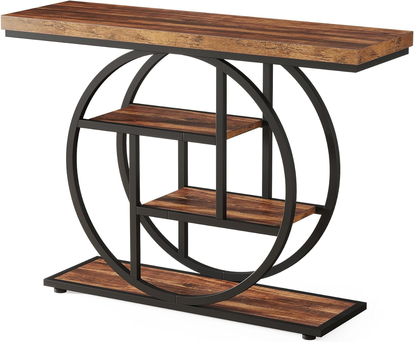 Tribesigns 41.3" Console Table, Industrial 4-Tier Sofa Table Entryway Table with Circle Base, Narrow Wood Accent Tables with Storage Shelves for Living Room, Hallway, Foyer, Rustic Brown