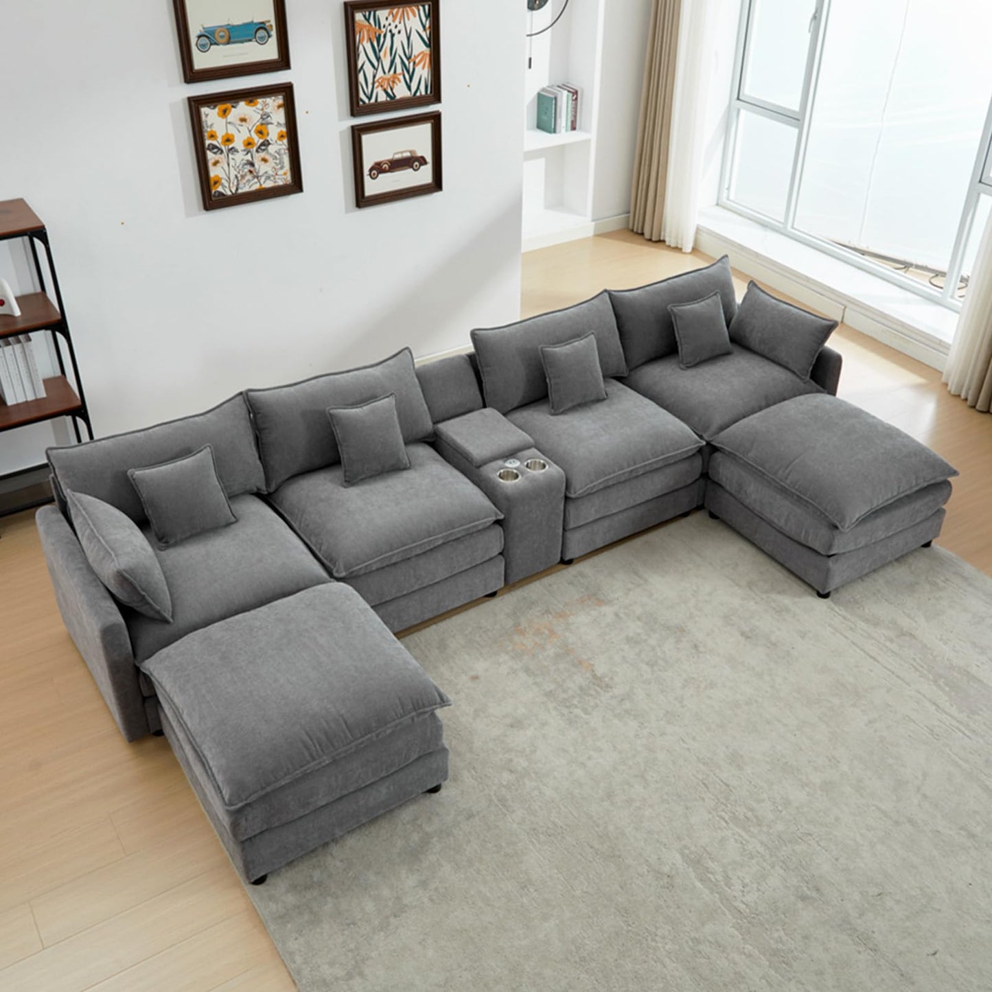 L-Shaped Modular Sectional Sofa, Deep 3-Seat Sofas with Moveable Ottoman, Comfy Modular Couch with Chenille Covers, Small Sofa Furniture for Living Room, Apartment, Studio, Office, Gray