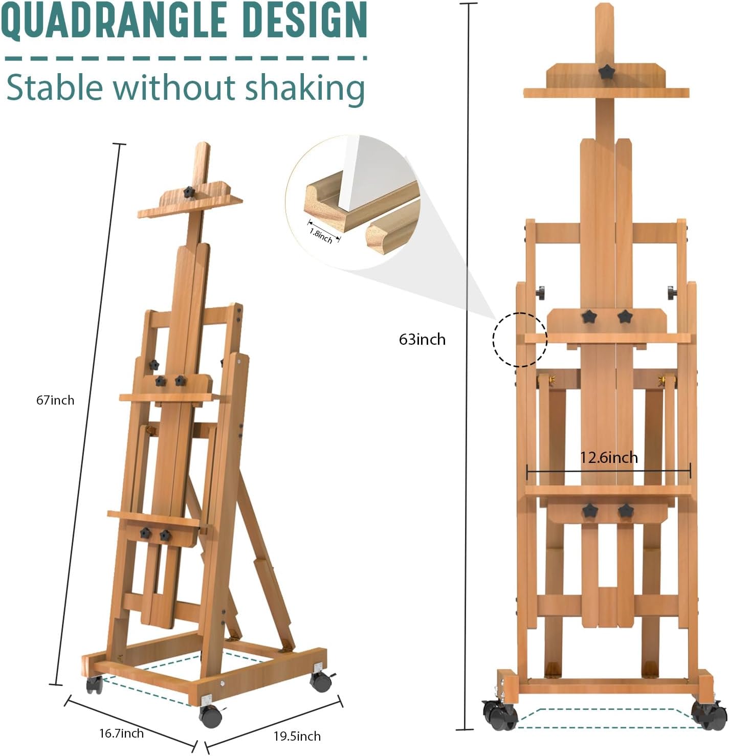 H-Frame Easel,Foldable Multifunctional Easel,Removable Floor Easel,Height and Angle Adjustable (Vertical to Horizontal),Art Easel for Adults,Holds Two Canvases (Up to 77 Inches),Art Easel,Natural