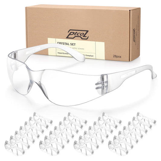 28 Pack Safety Glasses Crystal Clear (Bulk Pack of 24+4) Unisex Anti-Scratch Protective Goggles Impact Resistant Lens Eyewear with ANSI Z87.1 Certified for Construction, Shooting and Laboratory