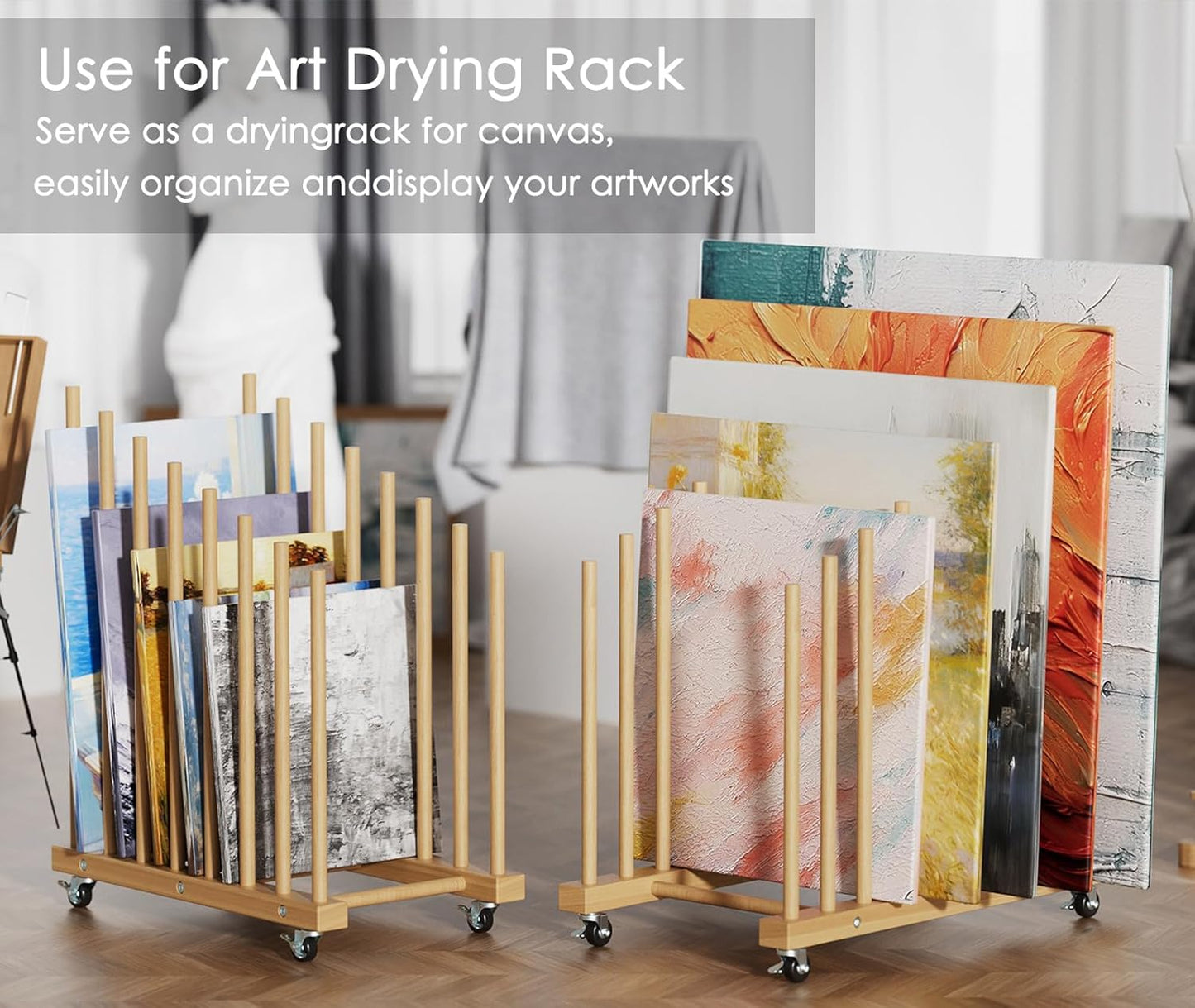 Art Storage Rack with Caster Wheels Art Drying Rack Wood Storage Stand for Canvas Storage, Drawing Board Storage Rack, Printed Matter, Paper Pad for Art Studio, Gallery, Artworks