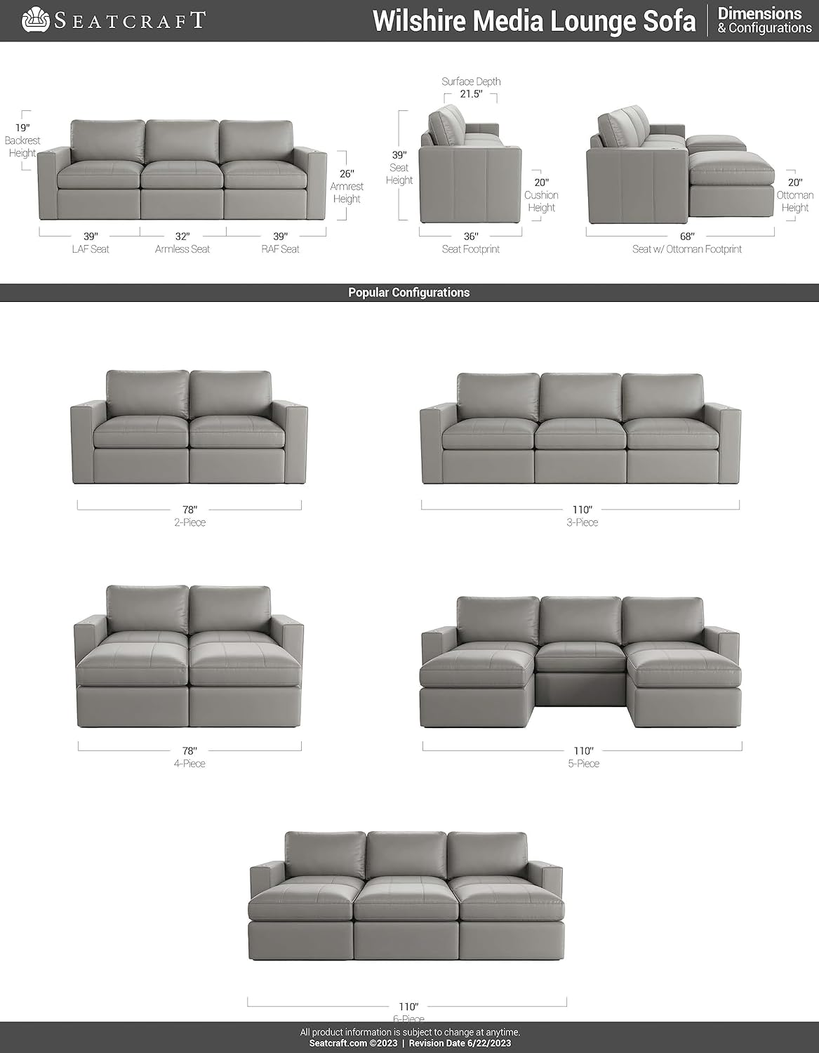 Seatcraft Wilshire Sofa with Two Ottomans, Italian Leather, Living Room, Down Feather Lining, Strong Engineered Reinforced Wood Frame, Gray