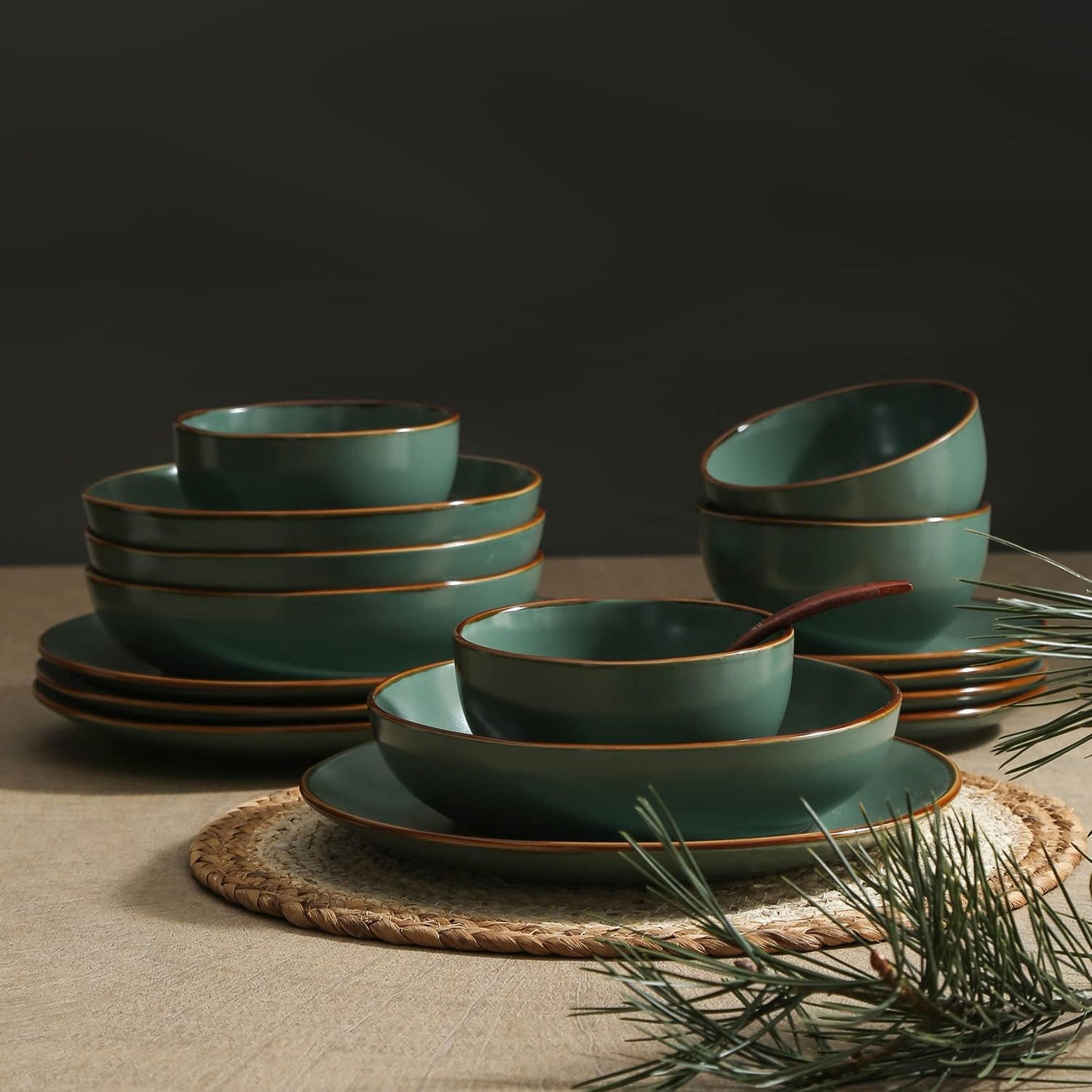 Stone Lain Brasa Modern Stoneware 16 Piece Dinnerware Sets, Plates and Bowls Sets, Dish Set for 4, Green