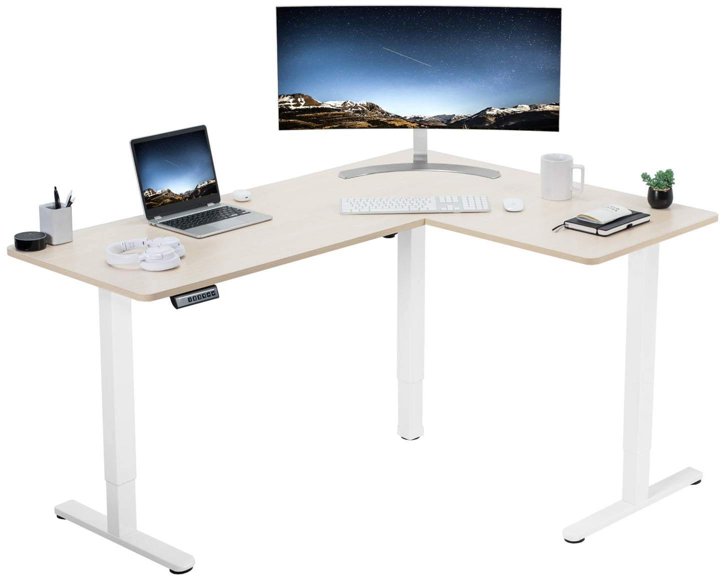 VIVO Electric Corner L-Shaped 63 x 55 inch Standing Desk, Height Adjustable, Memory Controller, White Top White Frame, DESK-E3CTW