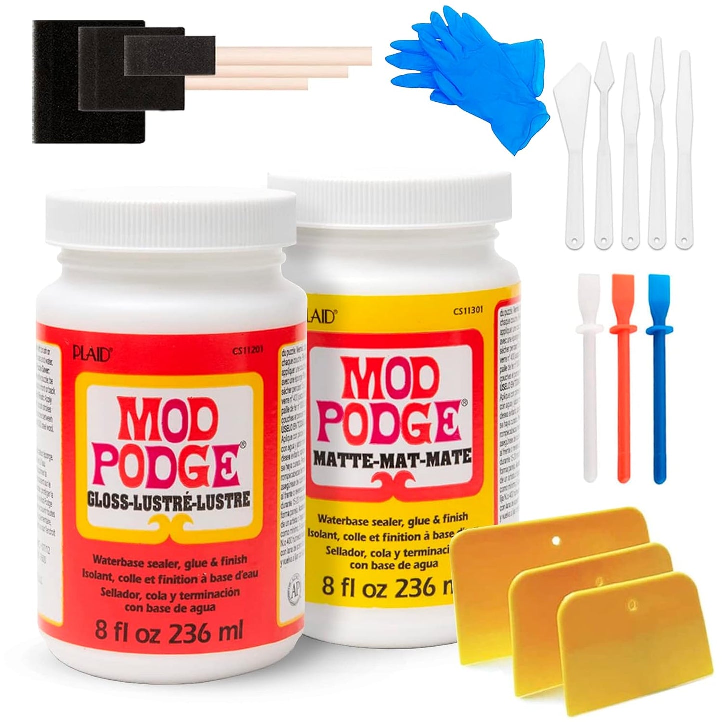 Mod Podge Bundle, 8 Ounce Gloss and Matte Medium Waterproof Sealer, Pixiss Accessory Kit with Foam Brushes, Gloves, Glue Spreaders and More 8oz