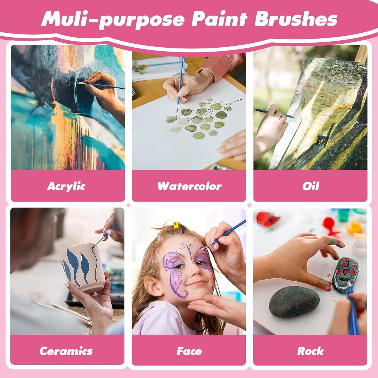 Small Paint Brushes Bulk, 160 Pcs Flat Tip Round Acrylic Paint Brushes for Kids Classroom Acrylic Watercolor Canvas Face Painting Touch Up