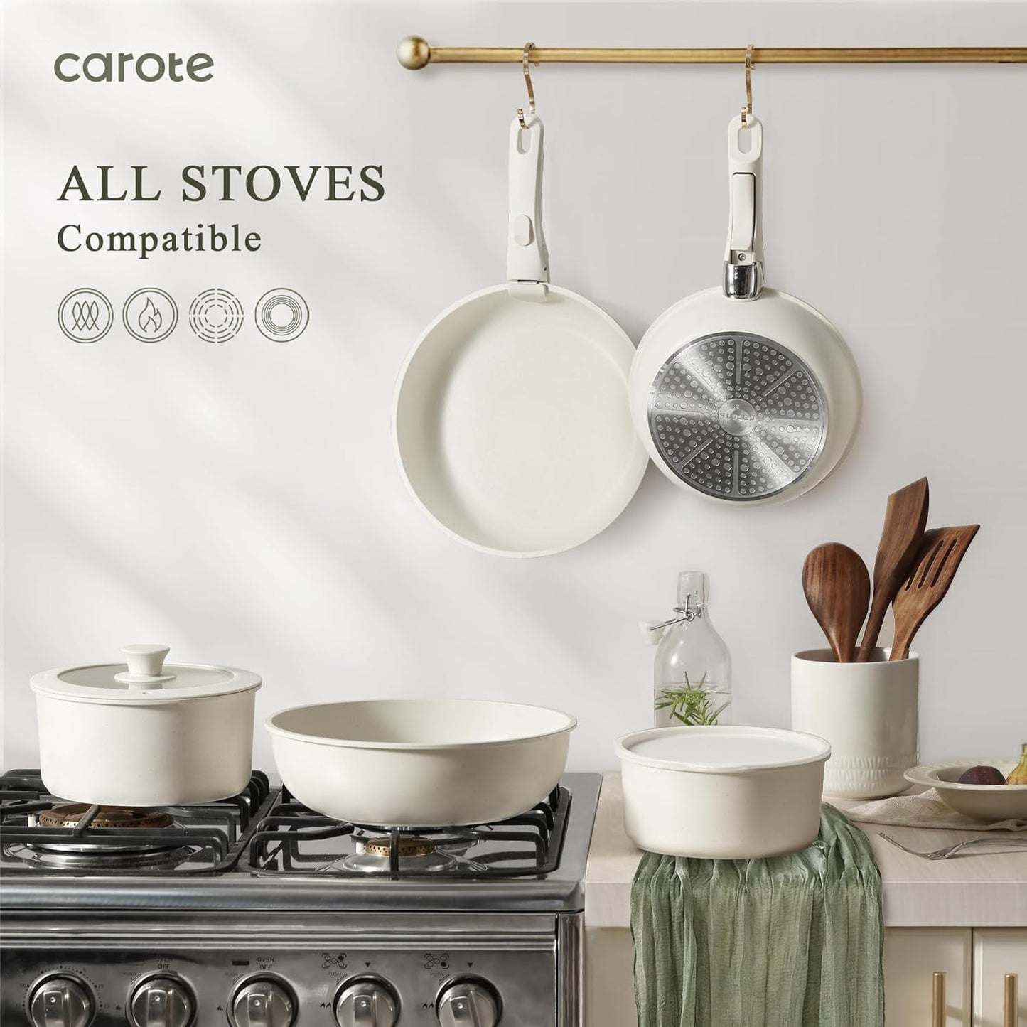 CAROTE Pots and Pans Set Non Stick, Cookware Sets, 11pcs Kitchen Set, Oven/Fridge Safe, Space Saving Pots Set, Nonstick Set with Versatile Removable/Detachable Handle, Induction RV Set, Cream White