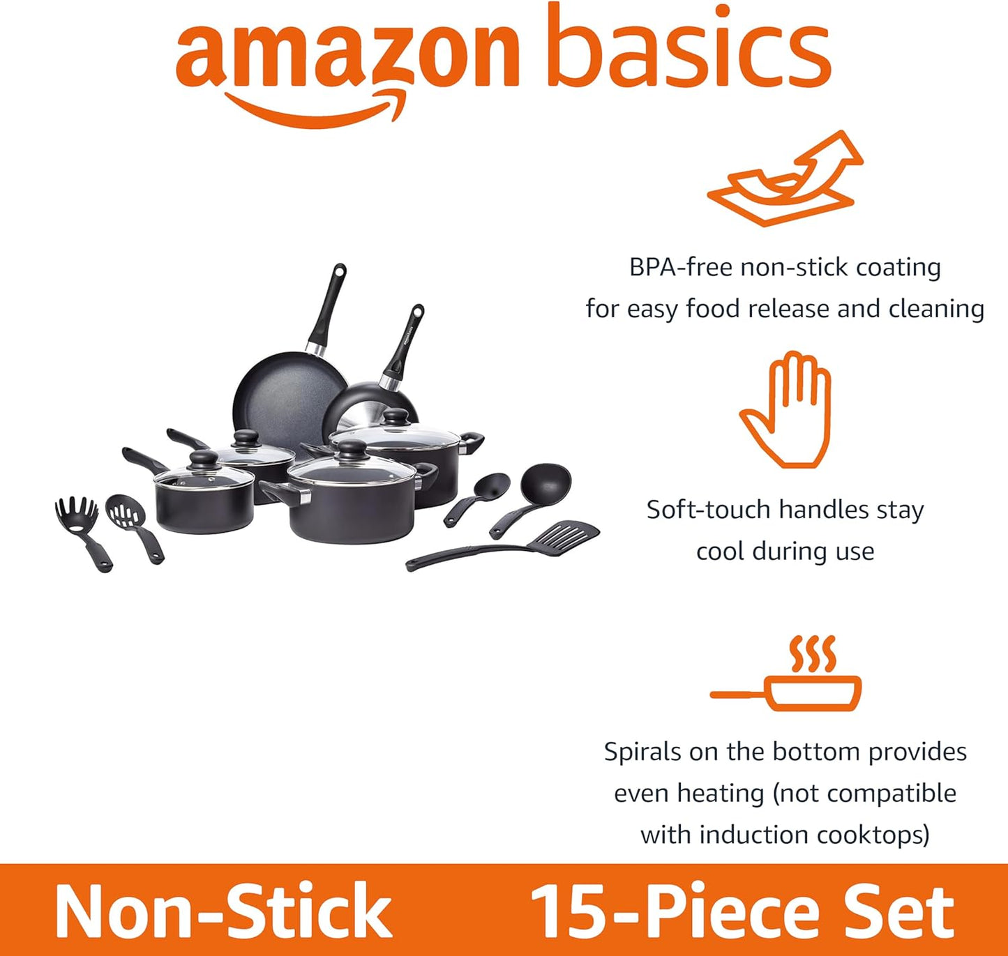 Amazon Basics Non Stick 15-Piece Kitchen Cookware Set, Includes Pots, Pans, and Utensils, Black