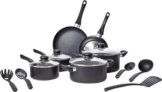 Amazon Basics Non Stick 15-Piece Kitchen Cookware Set, Includes Pots, Pans, and Utensils, Black