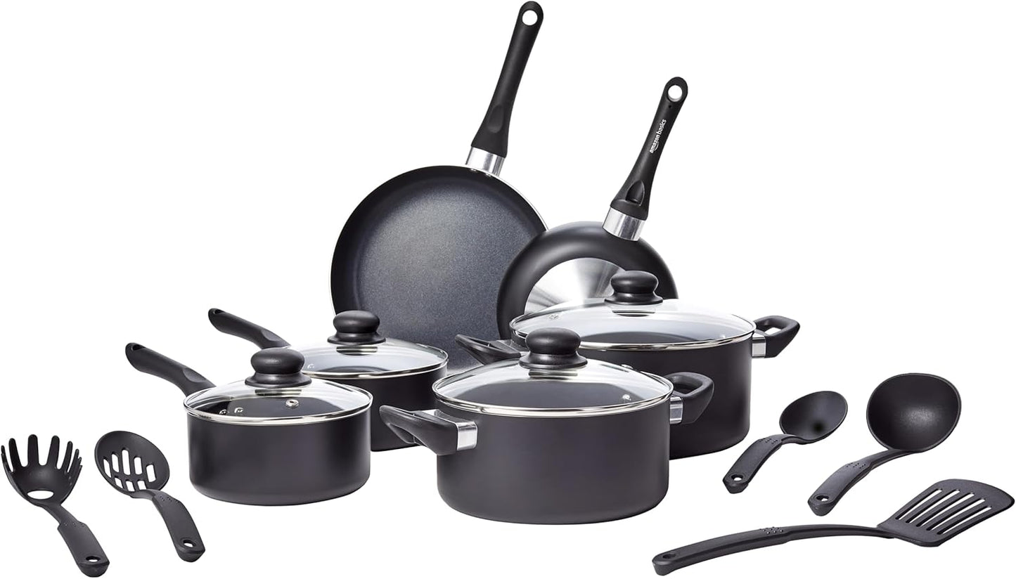 Amazon Basics Non Stick 15-Piece Kitchen Cookware Set, Includes Pots, Pans, and Utensils, Black