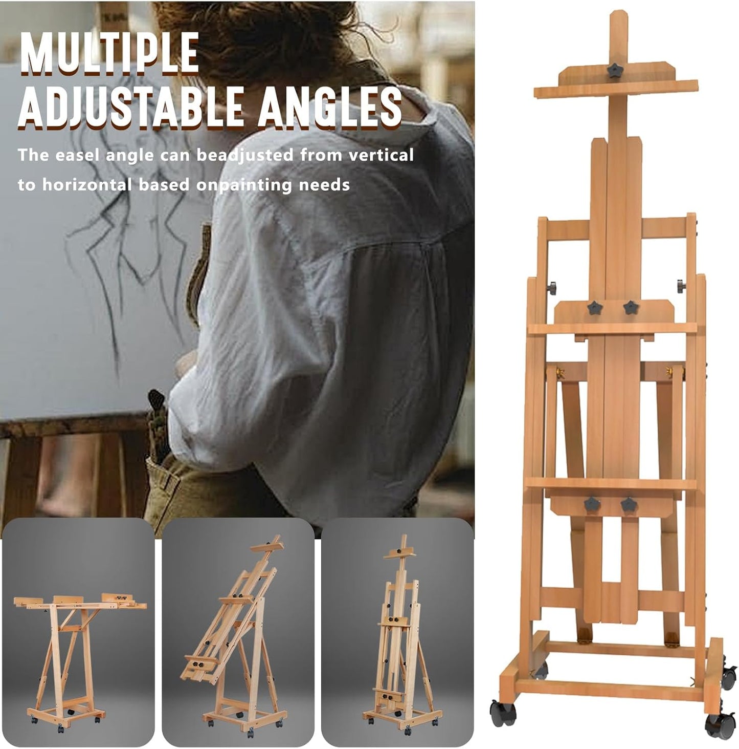 H-Frame Easel,Foldable Multifunctional Easel,Removable Floor Easel,Height and Angle Adjustable (Vertical to Horizontal),Art Easel for Adults,Holds Two Canvases (Up to 77 Inches),Art Easel,Natural