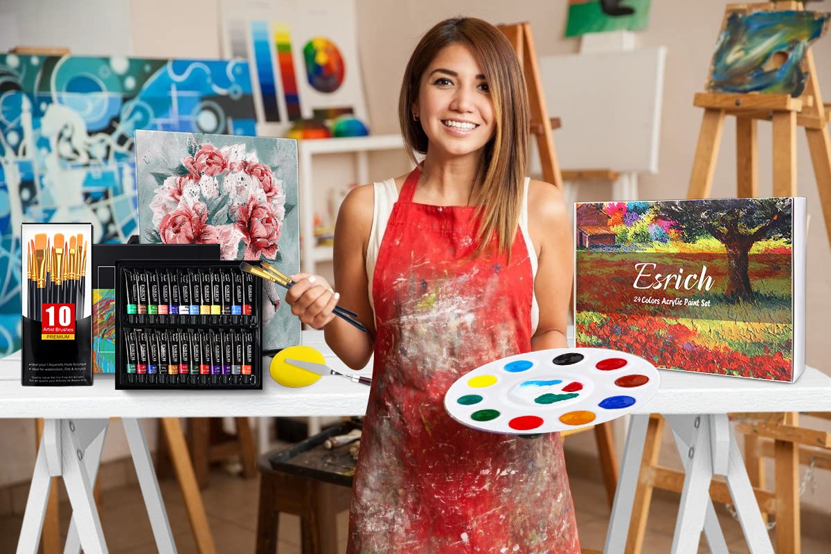 ESRICH Acrylic Paint Set,Professional Painting Supplies with Acrylic Paint,Canvas Panels,Paint Brushes,Paint Knife,Sponge,Plastic Palette and Wooden Easel for Adults,Kids and Artists.