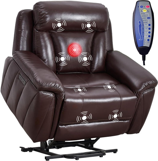 Phoenix Home Electric Power Lift Recliner Chair with Massage and Heat for Elderly, USB and Type-C Ports, Faux Leather, Adjustable Furniture for Back, Legs w/ 3 Positions, Brown