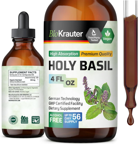 BIO KRAUTER Holy Basil Tincture - Tulsi Powder Liquid Extract - Supports Calmness and Relaxation - Ursolic Acid Supplement - Alcohol and Sugar Free Holy Basil Extract - Vegan Drops 4 Fl.Oz.