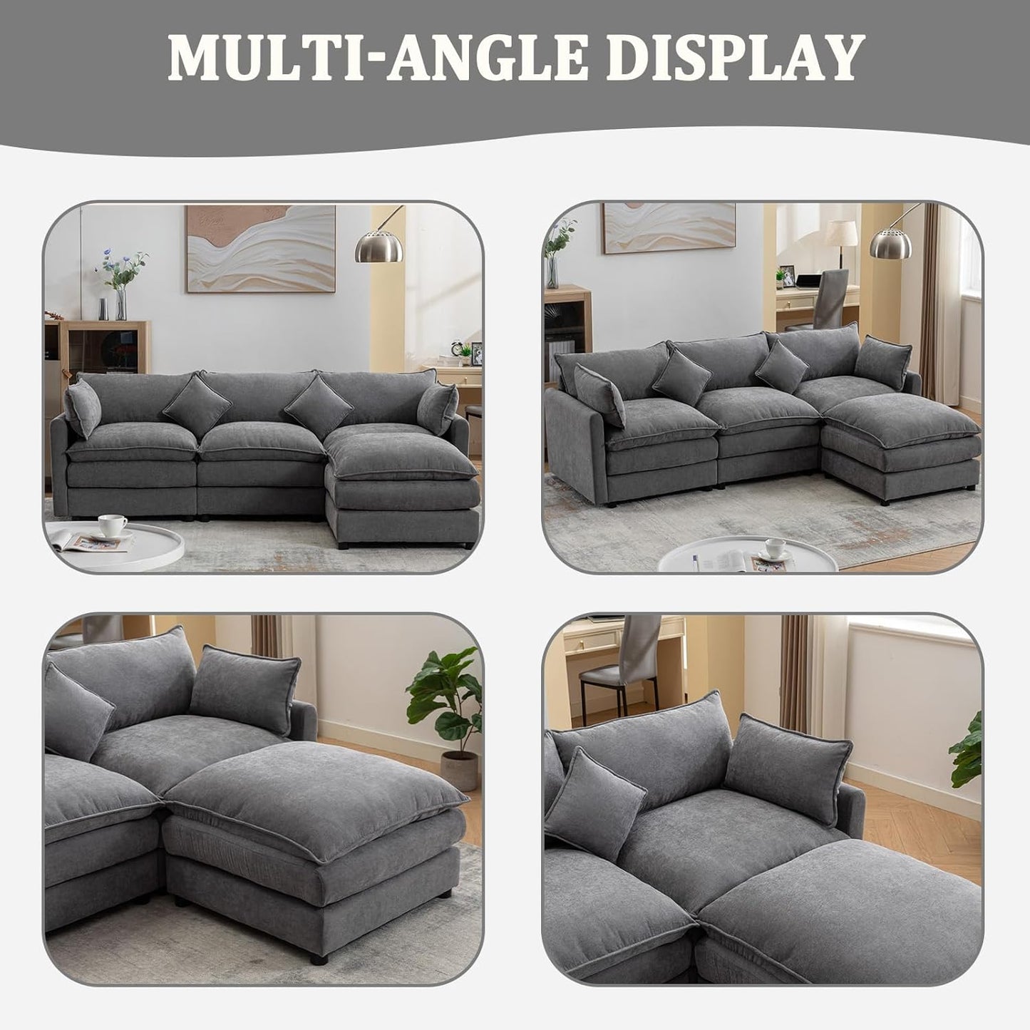 L-Shaped Modular Sectional Sofa, Deep 3-Seat Sofas with Moveable Ottoman, Comfy Modular Couch with Chenille Covers, Small Sofa Furniture for Living Room, Apartment, Studio, Office, Gray