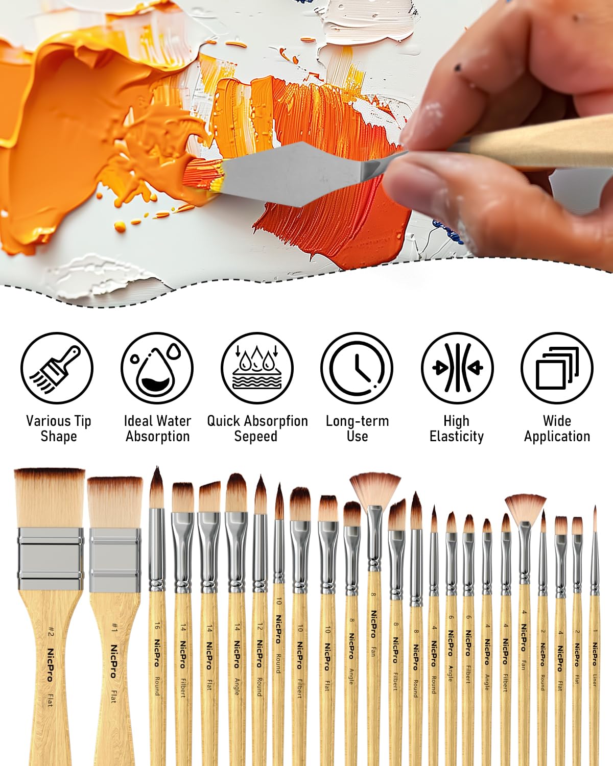 Nicpro 26pcs Paint Brush Set, Professional Paintbrushes with Palette Knife, Craft Paint Brushes for Acrylic Painting, Oil, Watercolor, Gouache & Canvas, Drawing & Art Supplies for Adults, Kids Artists