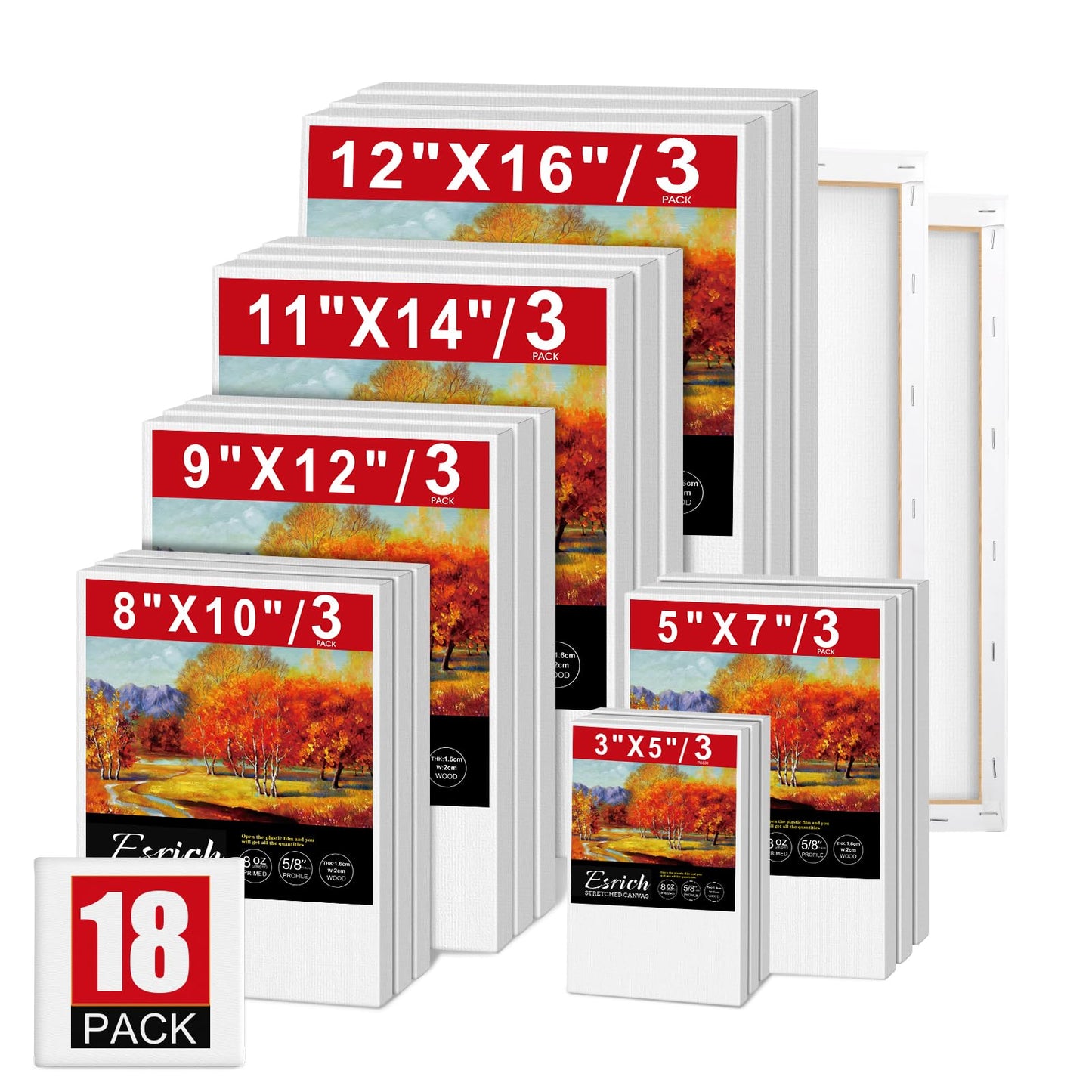 3 Pack Canvases for Painting with Multi Pack 11x14, 5x7, 8x10, Painting Canvas for Oil & Acrylic Paint