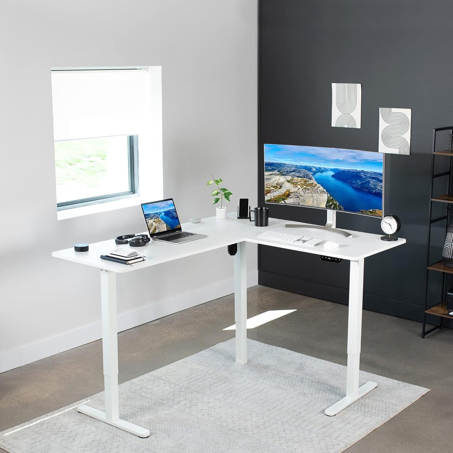 VIVO Electric Corner L-Shaped 63 x 55 inch Standing Desk, Height Adjustable, Memory Controller, White Top White Frame, DESK-E3CTW