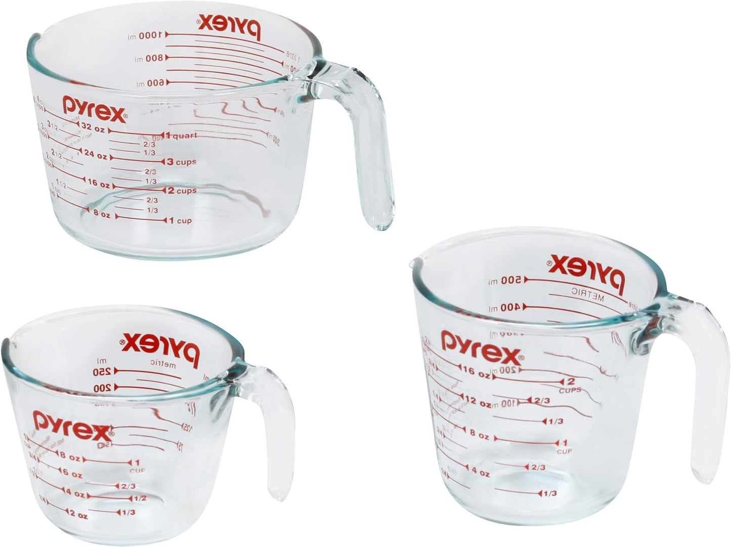 Pyrex 3 Piece Measuring Cup Set, Includes 1, 2, and 4 Tempered Glass Liquid Measuring Cups, Dishwasher, Freezer, Microwave, and Oven Safe, Essential Kitchen Tools