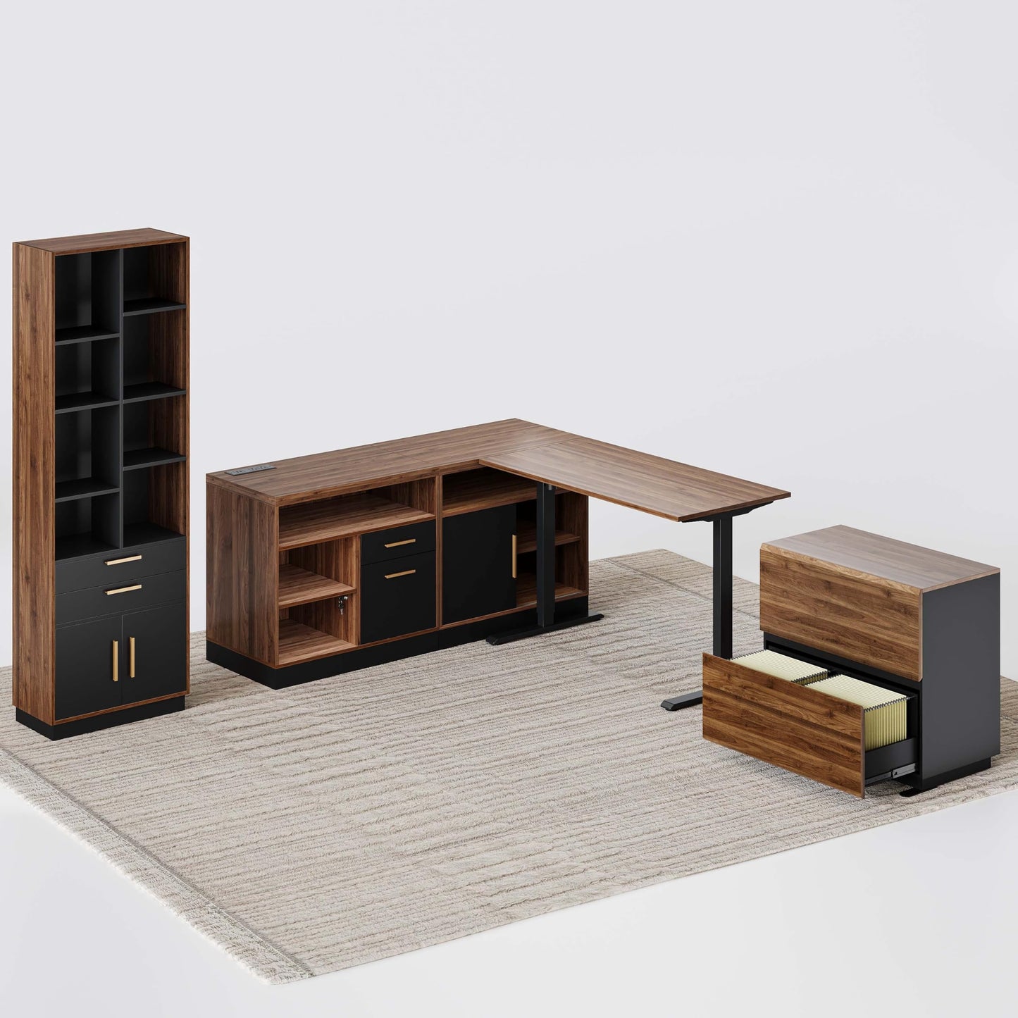 Furniture Sets 67" L Shaped Standing Desk, a Book Shelf with Drawers, and a Wood Lateral File Cabinet for Home Office, Light Walnut